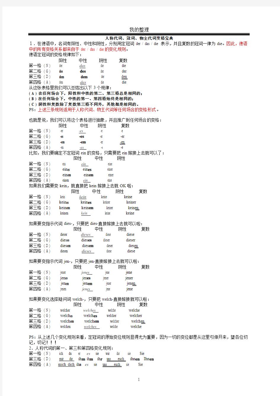 德语人称代词、冠词、物主代词变格宝典