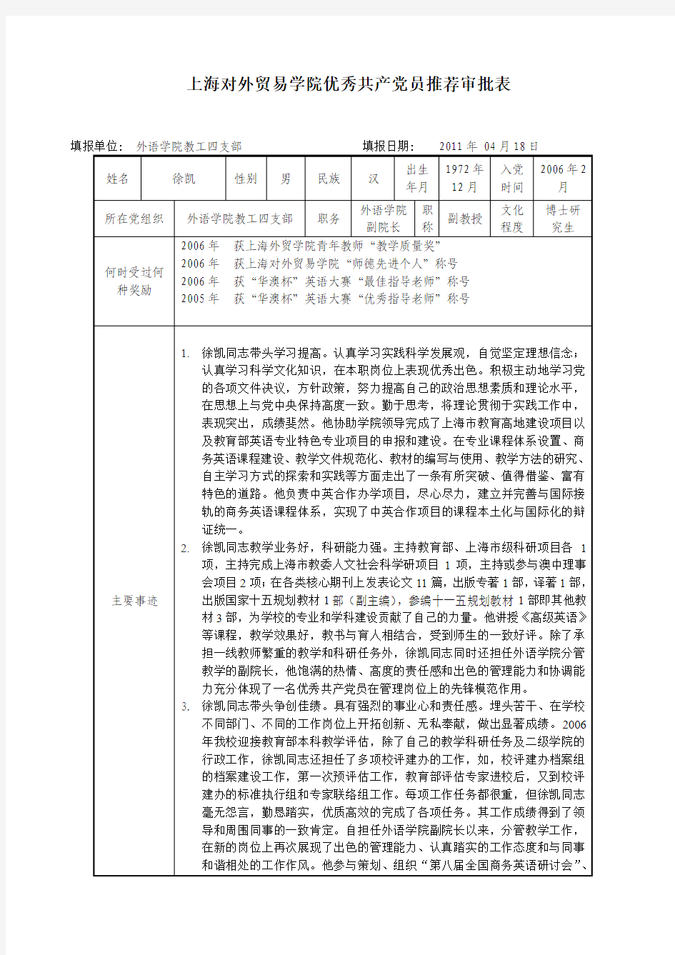 上海对外贸易学院优秀共产党员推荐审批表