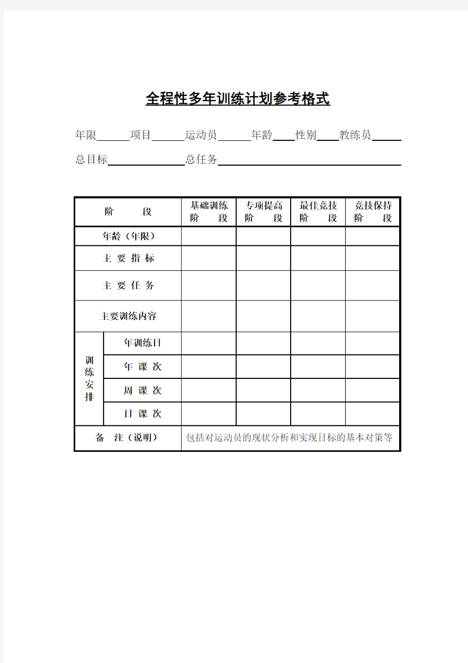 运动训练计划表