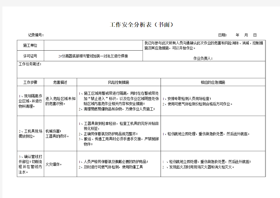 动火作业工作安全分析表