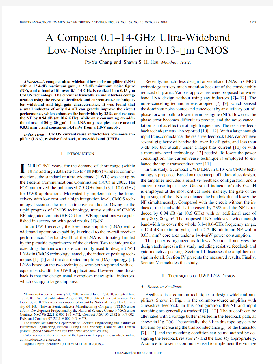 A Compact 0.1–14-GHz Ultra-Wideband Low-Noise Amplifier in 0.13um CMOS