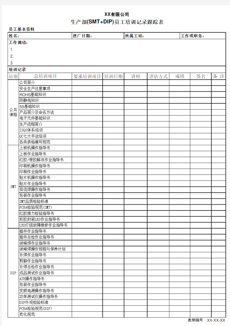 生产部(SMT+DIP)员工培训记录跟踪表