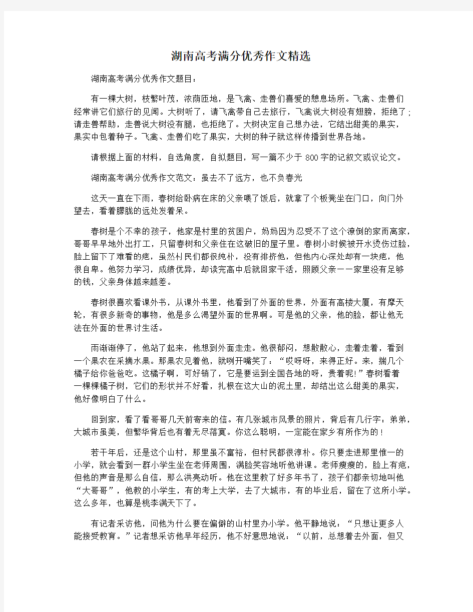 湖南高考满分优秀作文精选