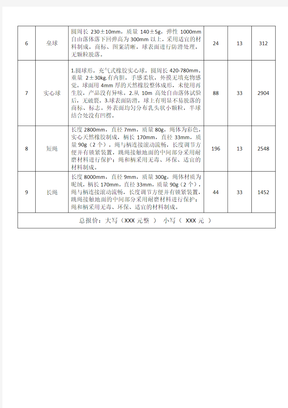 中学学校体育器材供货清单一览表一