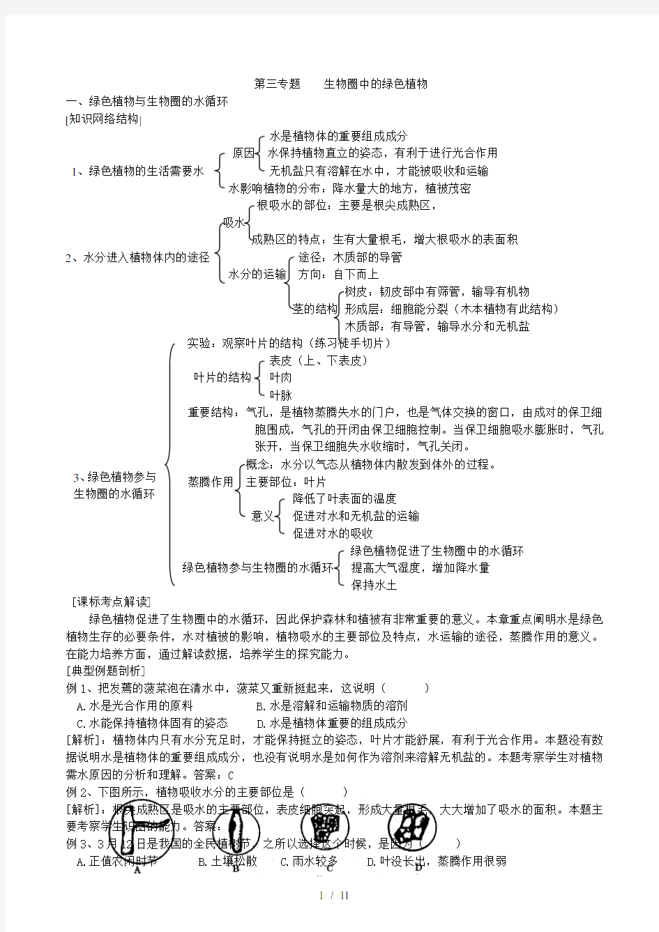 (完整版)初中生物生物圈中的绿色植物知识点、习题及标准答案