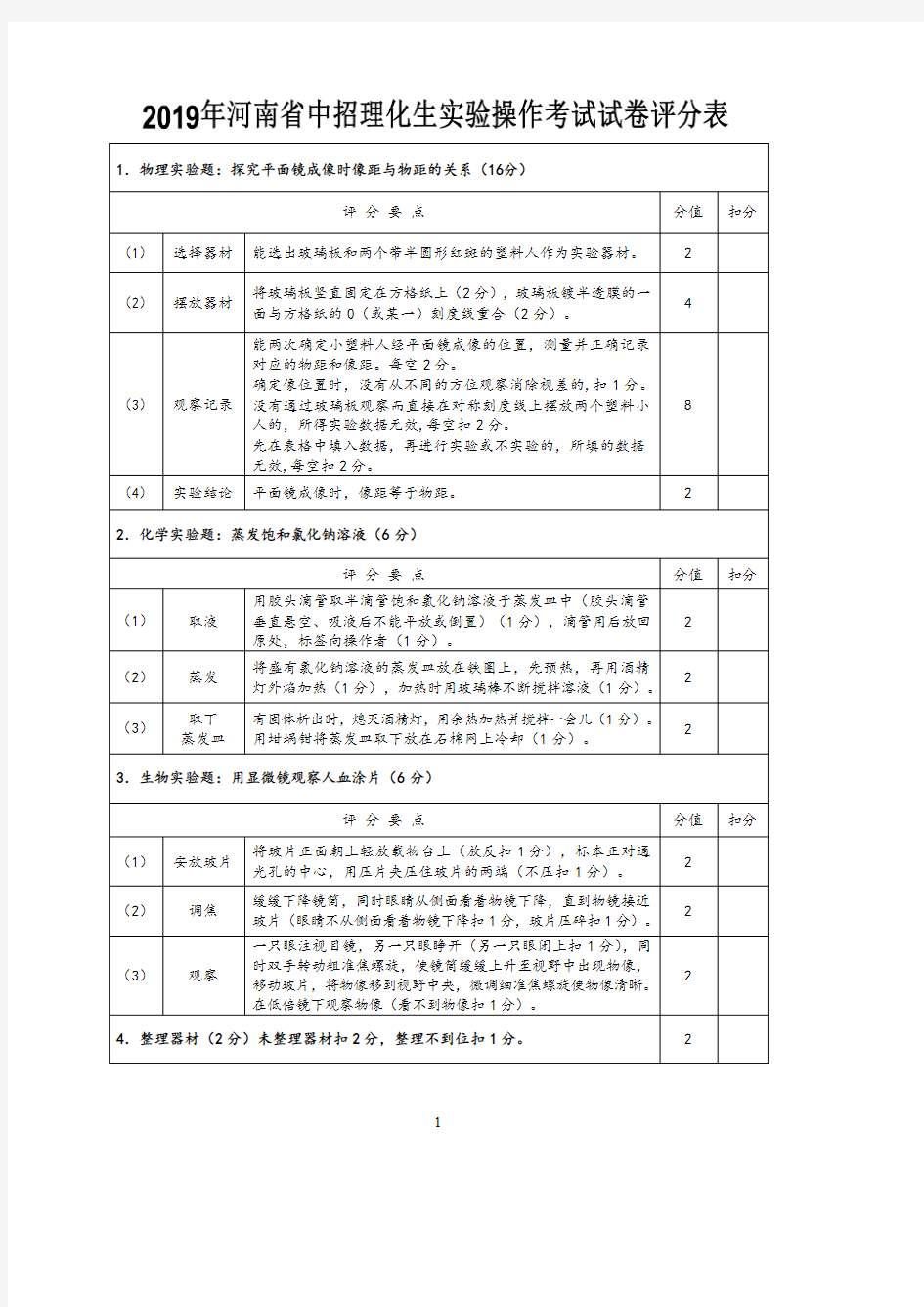 2019年河南省中招理化生实验操作考试试卷评分表