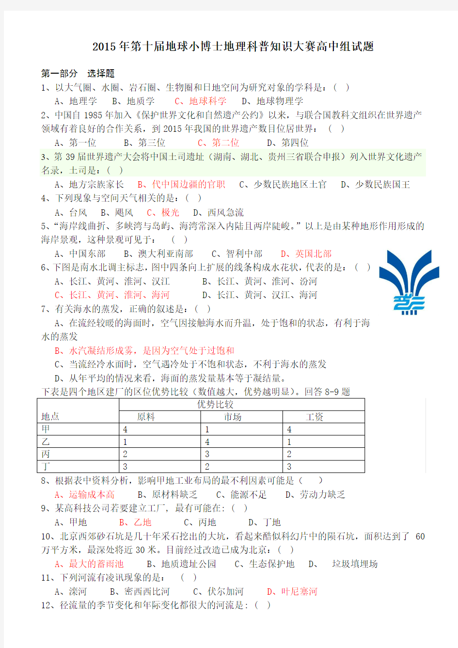 2015年第十届地球小博士地理科普知识大赛高中组试题答案