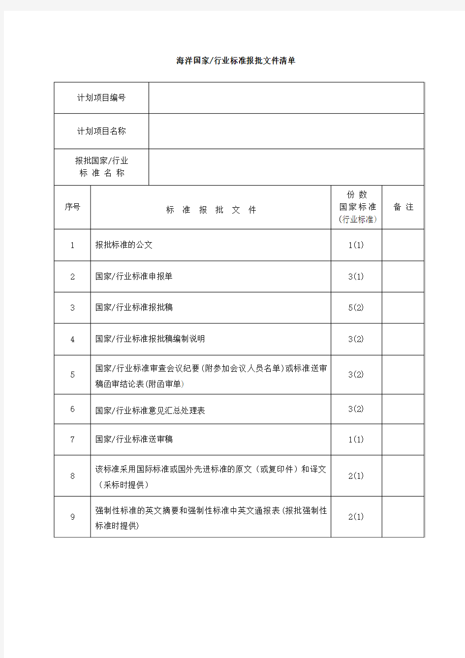 海洋国家行业标准报批文件清单