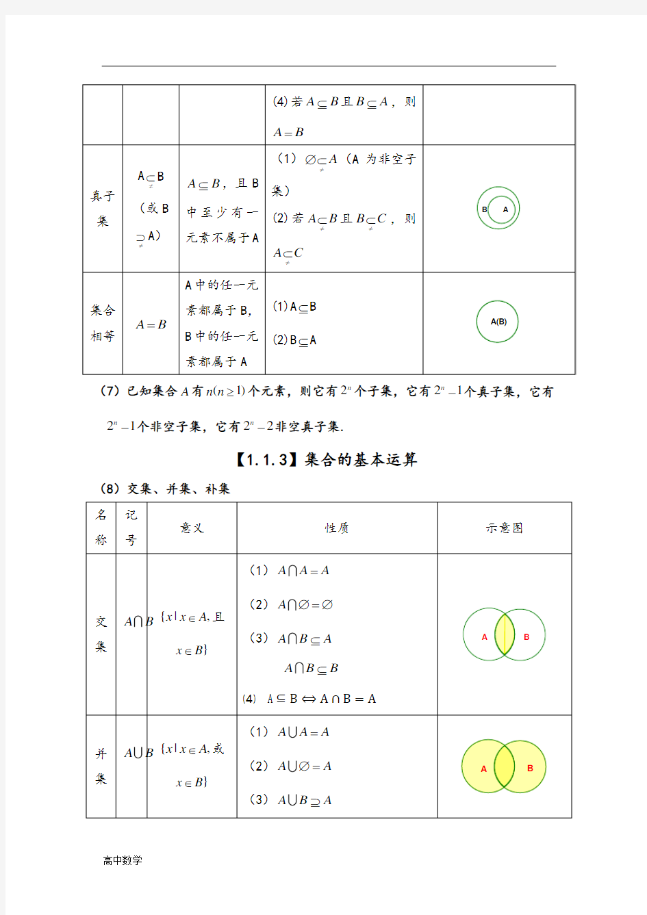 北师大版高中数学必修1知识点总结