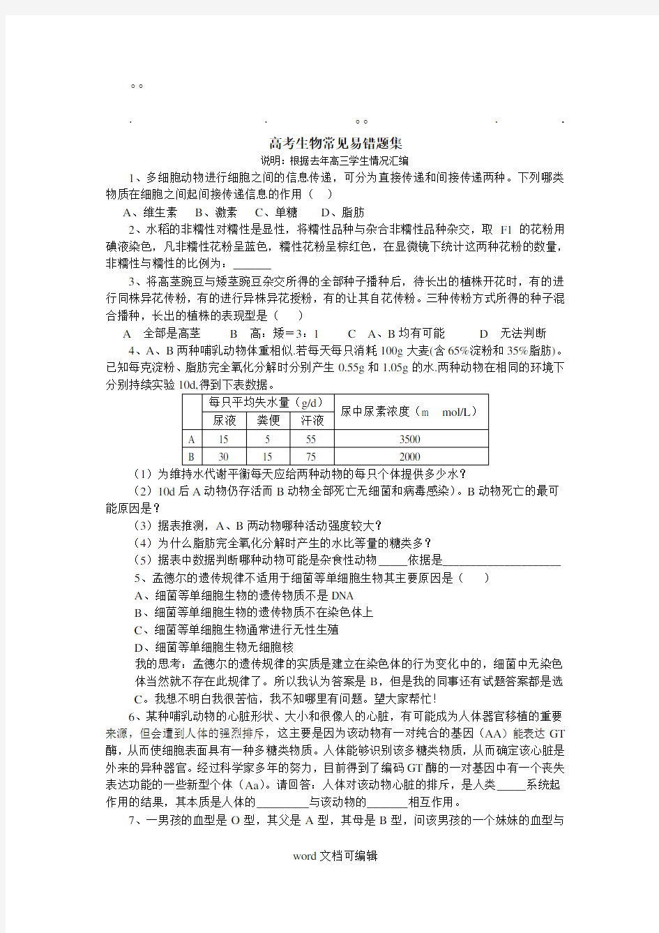 历年高考生物常见生物常见易错题集.doc