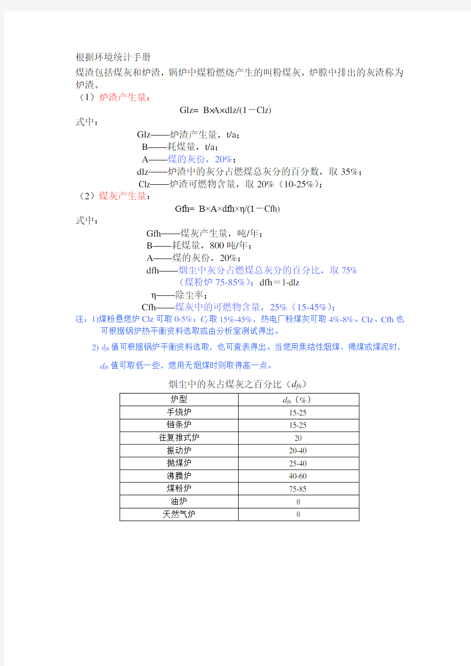 燃煤锅炉灰渣、烟气量、烟尘、二氧化硫的计算doc资料