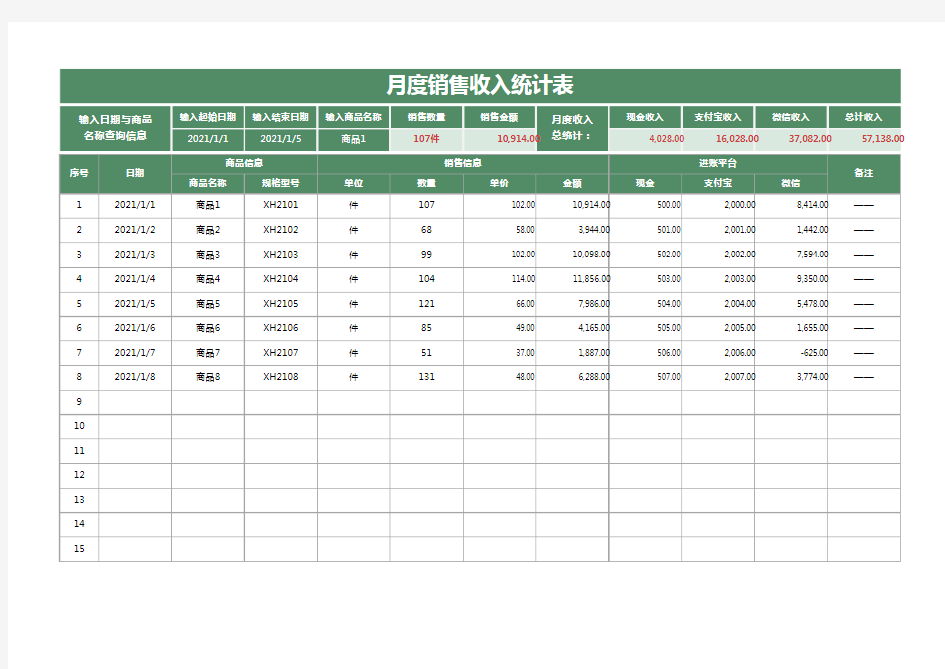 月度销售收入统计表