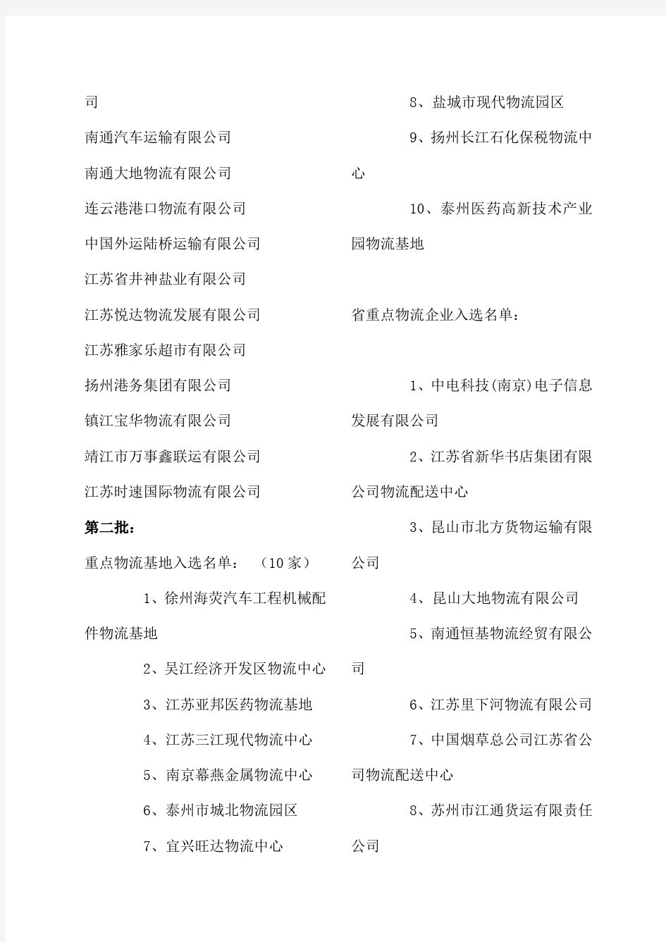 第 第 批江苏省物流基地与重点物流企业名单