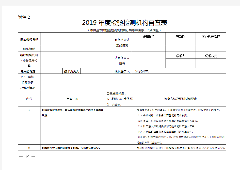 2019年度检验检测机构自查表(A表)