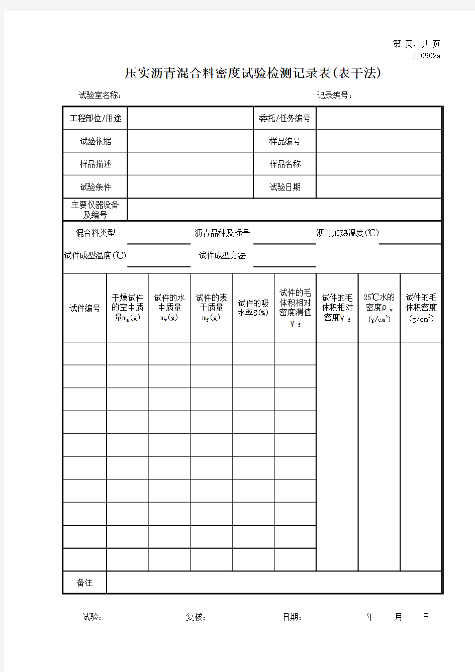 压实沥青混合料密度试验检测记录表(表干法)