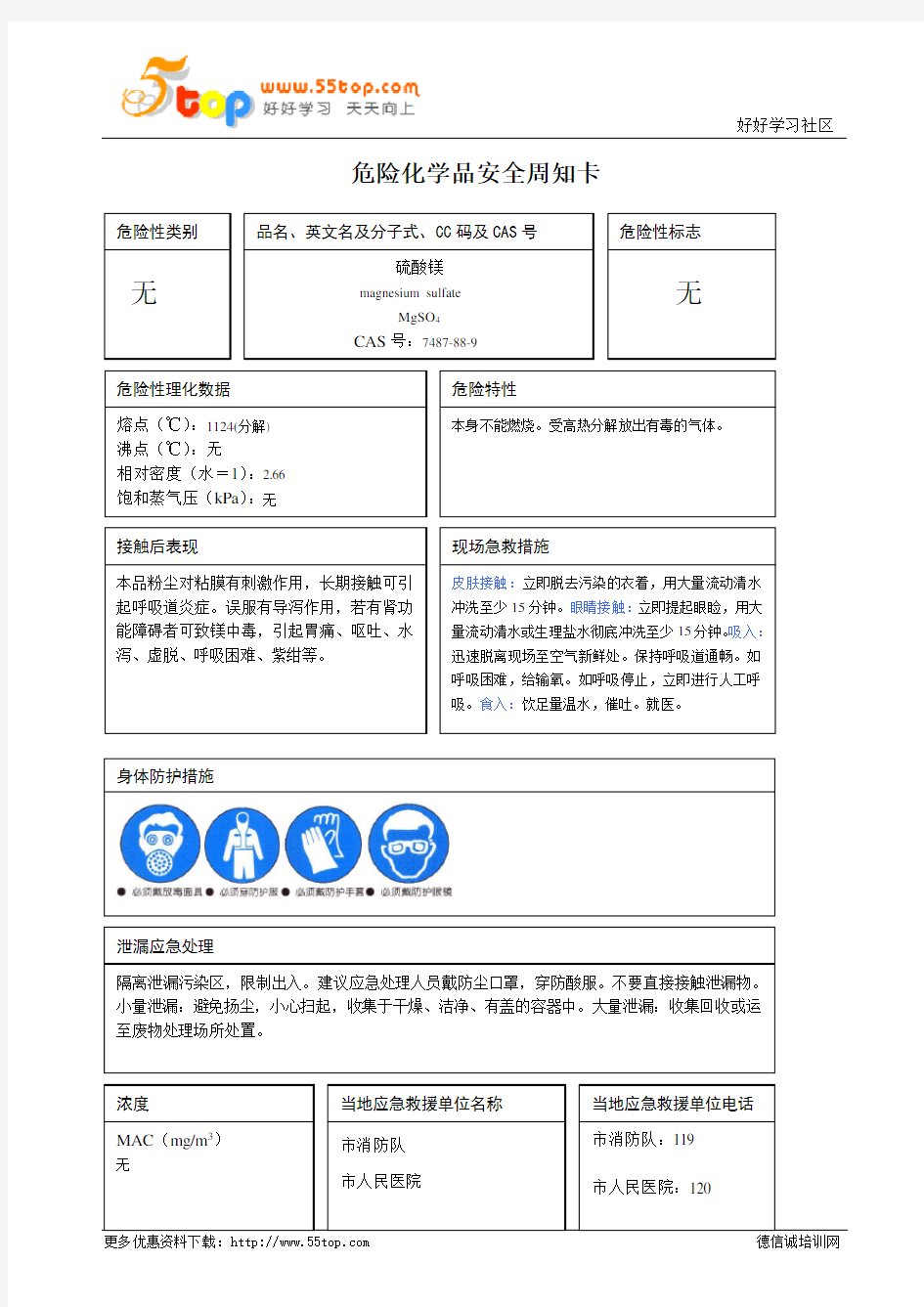 硫酸镁危险化学品安全周知卡