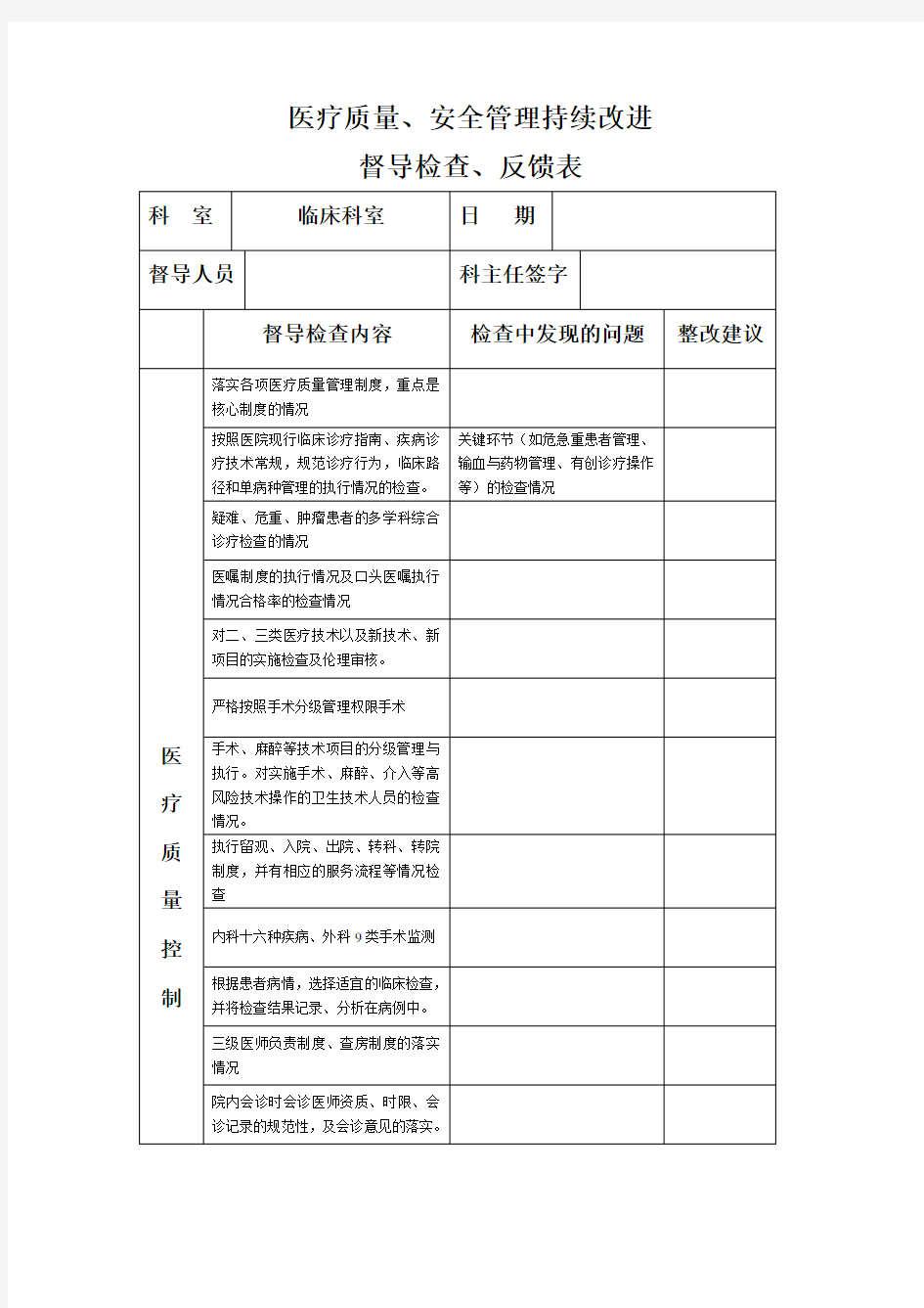 医务科督导检查表要点