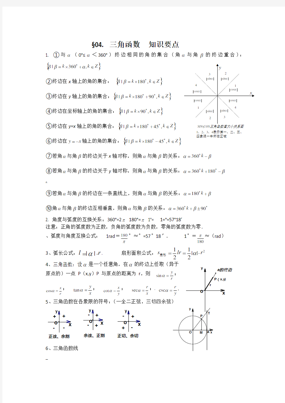 高中必修四三角函数知识点总结