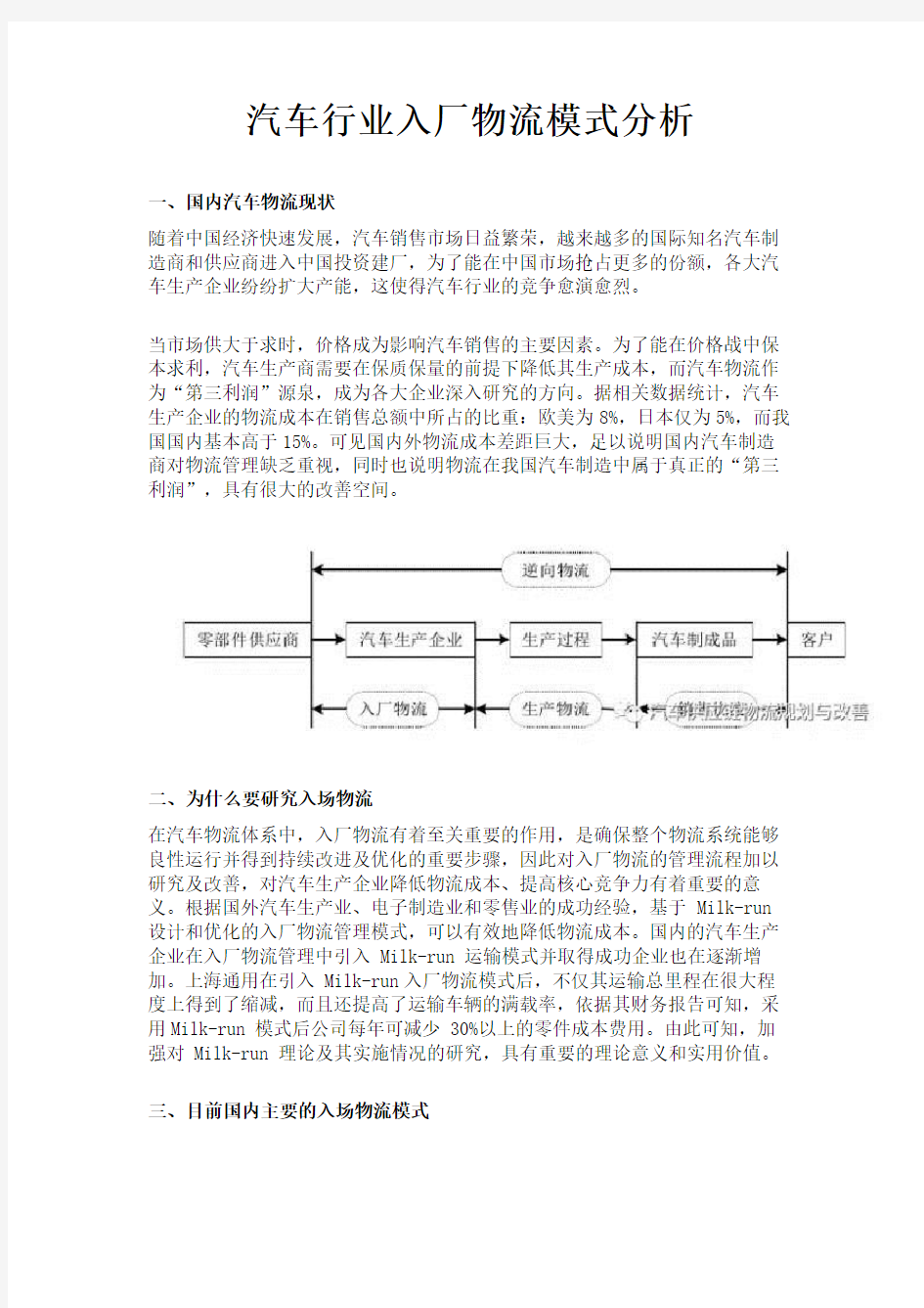 汽车行业入厂物流模式分析