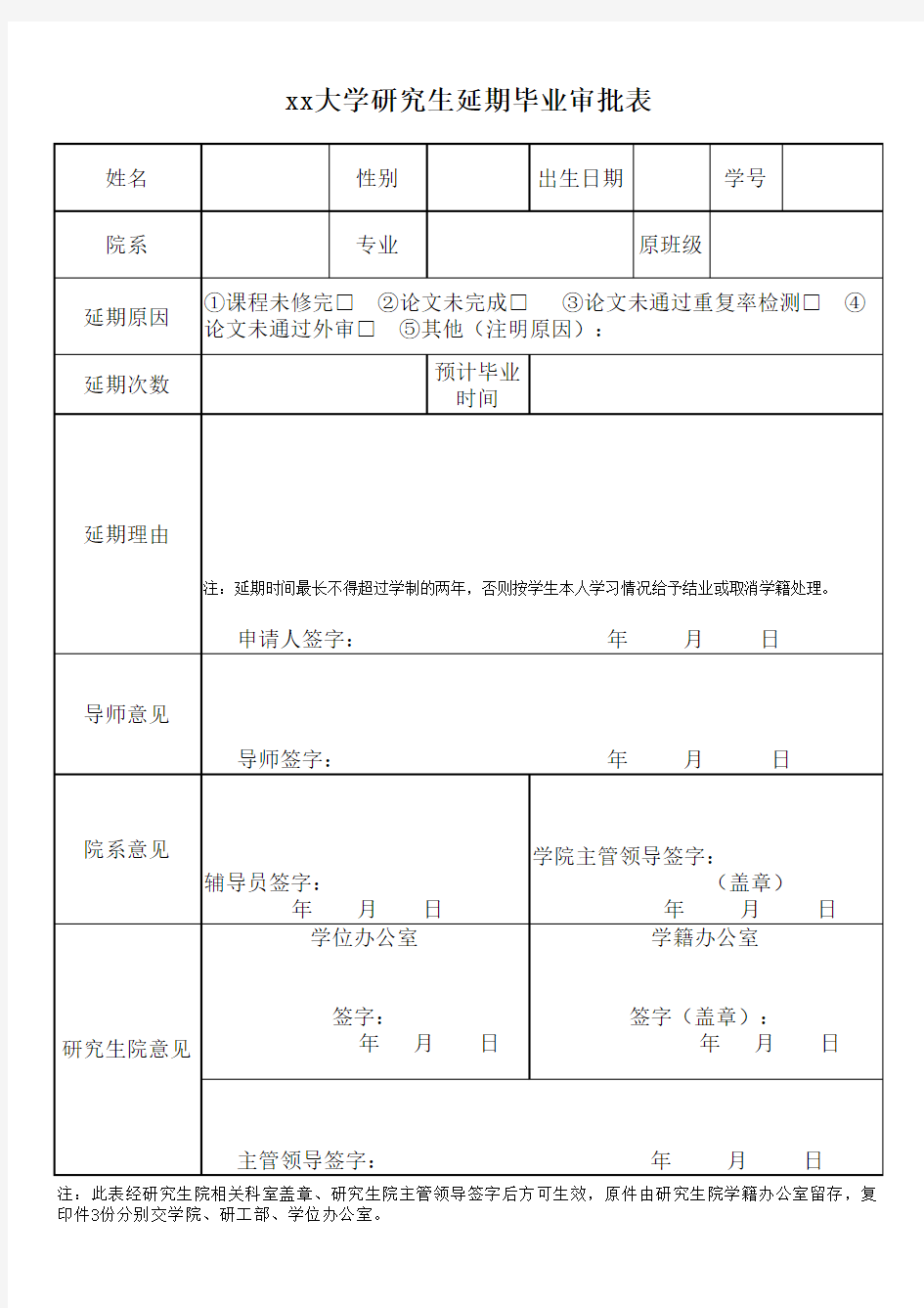 研究生延期毕业审批表