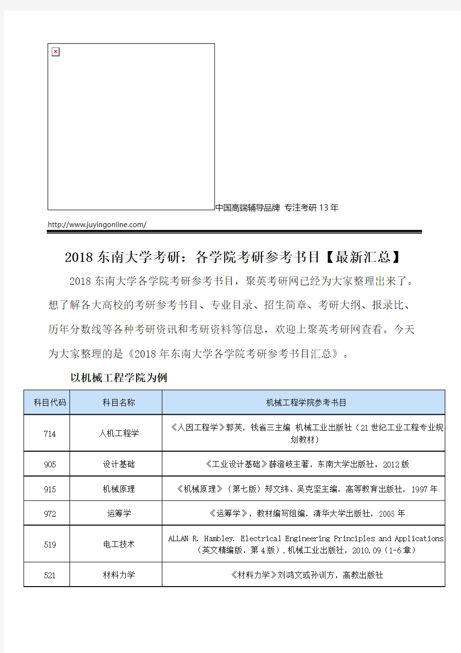 2018东南大学考研：各学院考研参考书目【最新汇总】