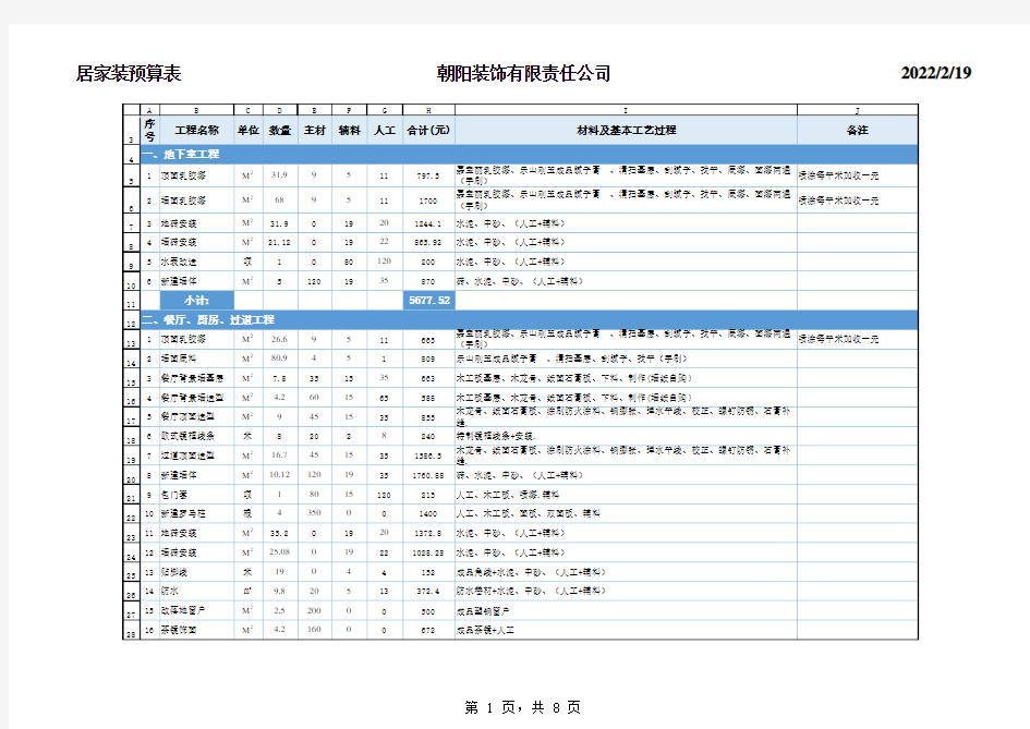 别墅装修报价表