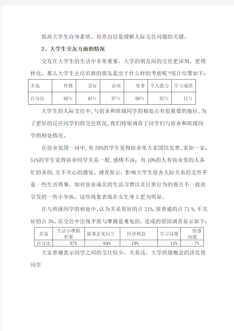 关于大学生人际交往的调查报告