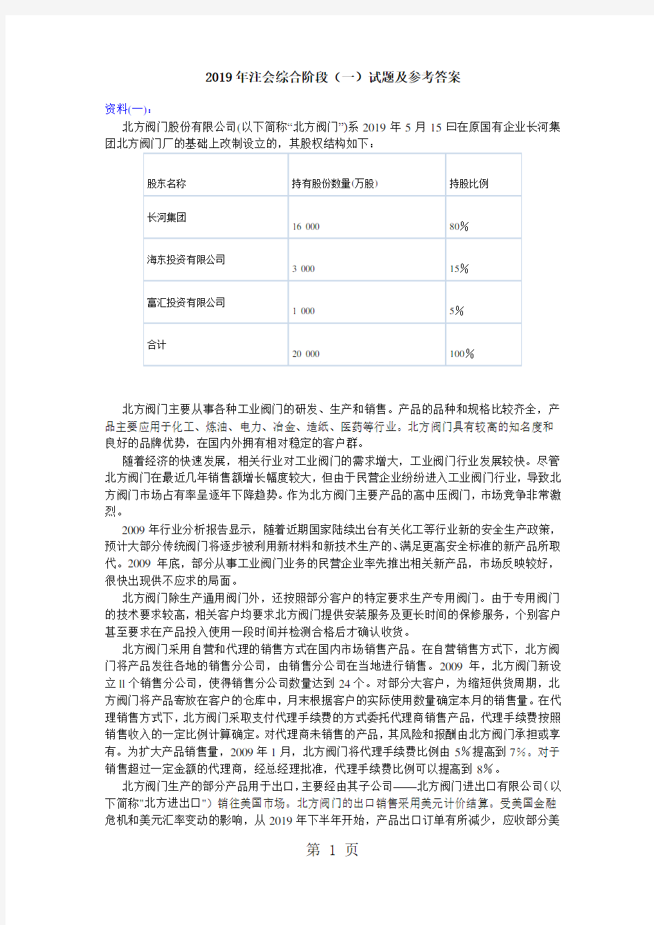 2019年注会综合阶段一试题及参考答案共14页文档