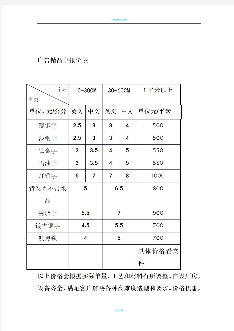 广告精品字报价表