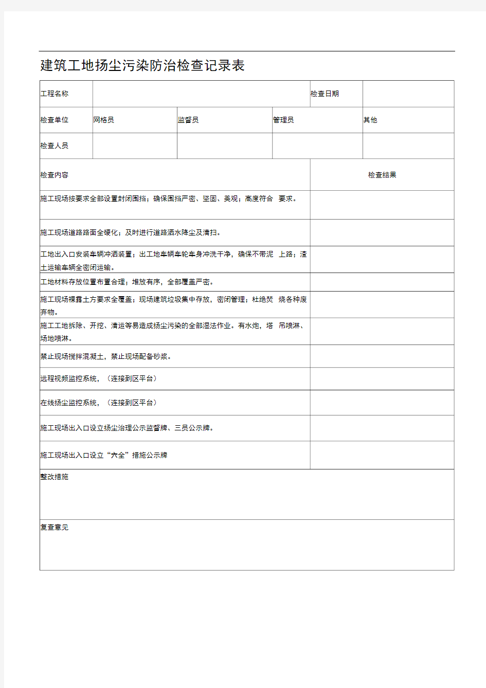 建筑工地扬尘污染防治检查记录表