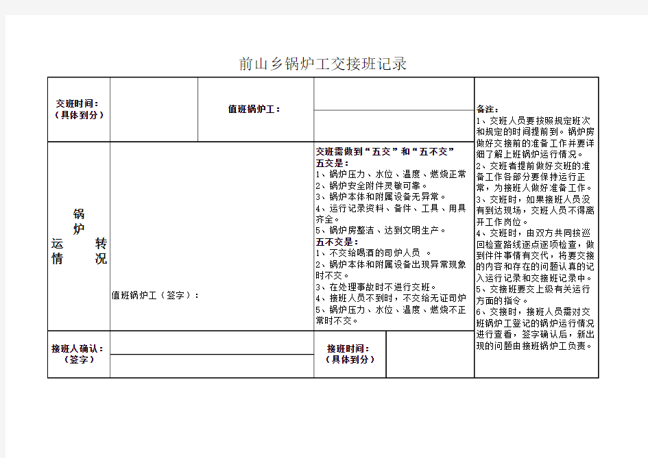 锅炉工交接班记录