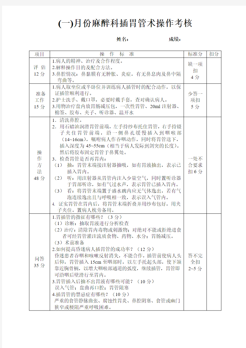 插胃管术操作考核