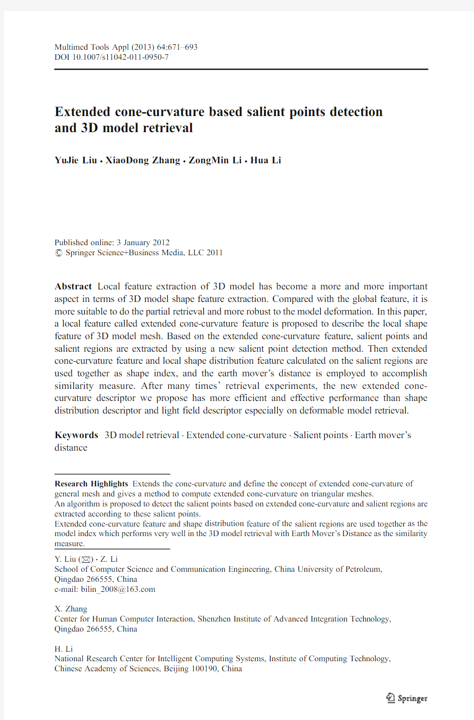 Extended cone-curvature based salient points detection and 3D model retrieval