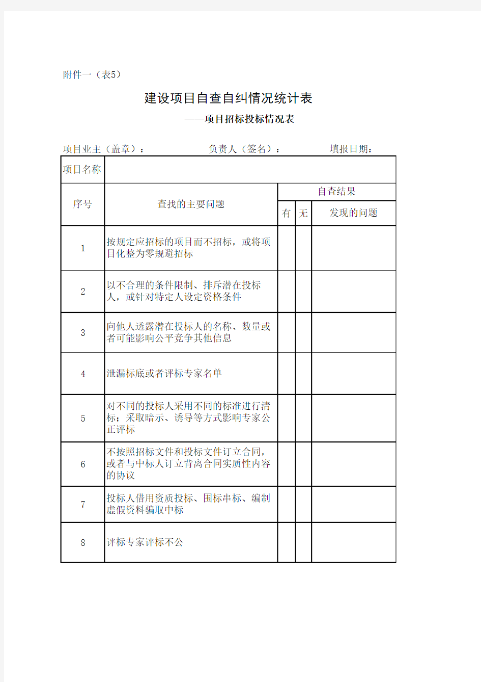 建设项目自查自纠情况统计表xls