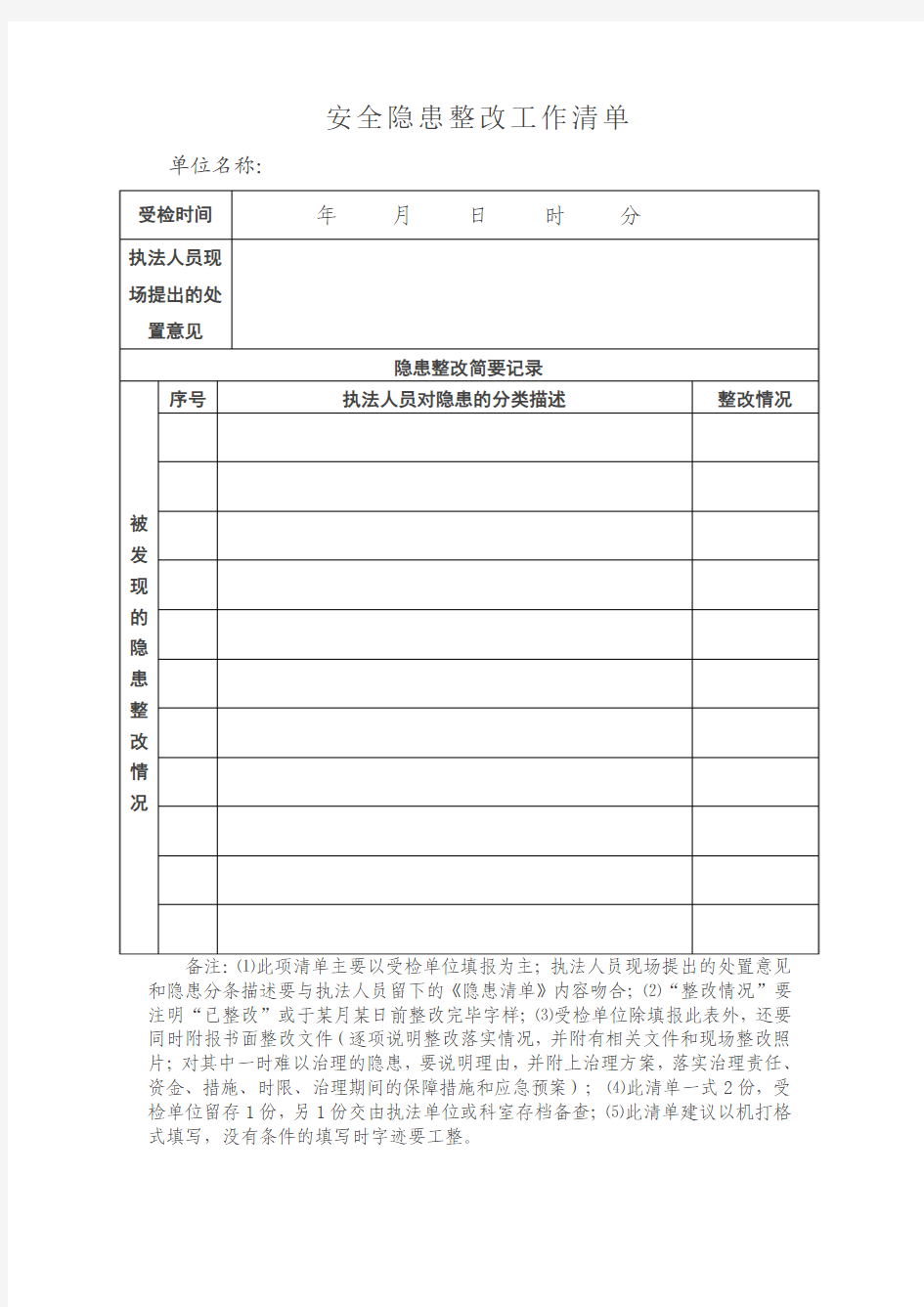 安全隐患整改工作清单