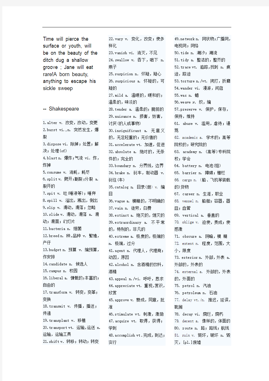 Blbsnrn考生必看之大学英语四级(CET-4)690个高频词汇