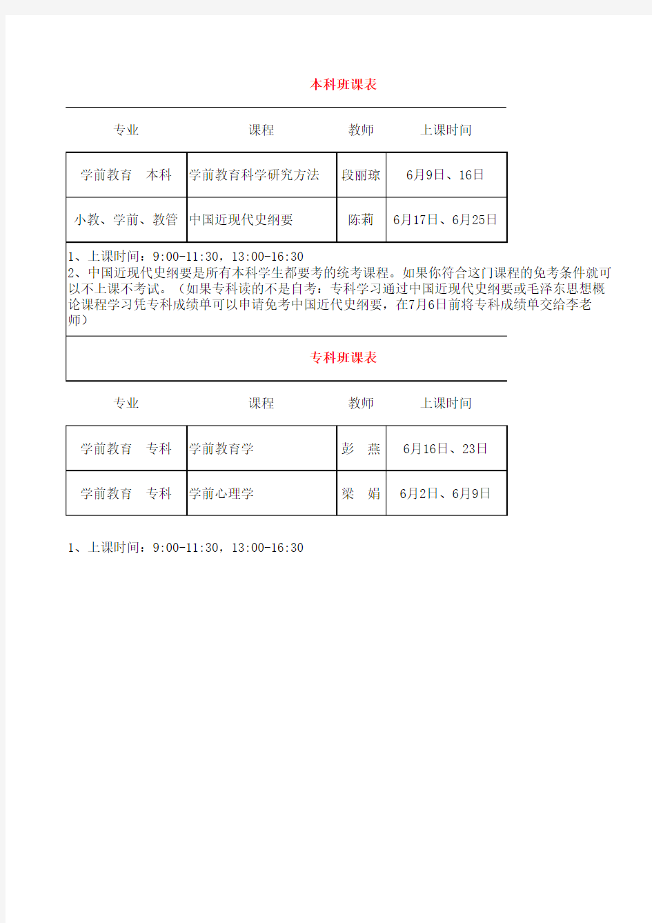 学前教育专业课表