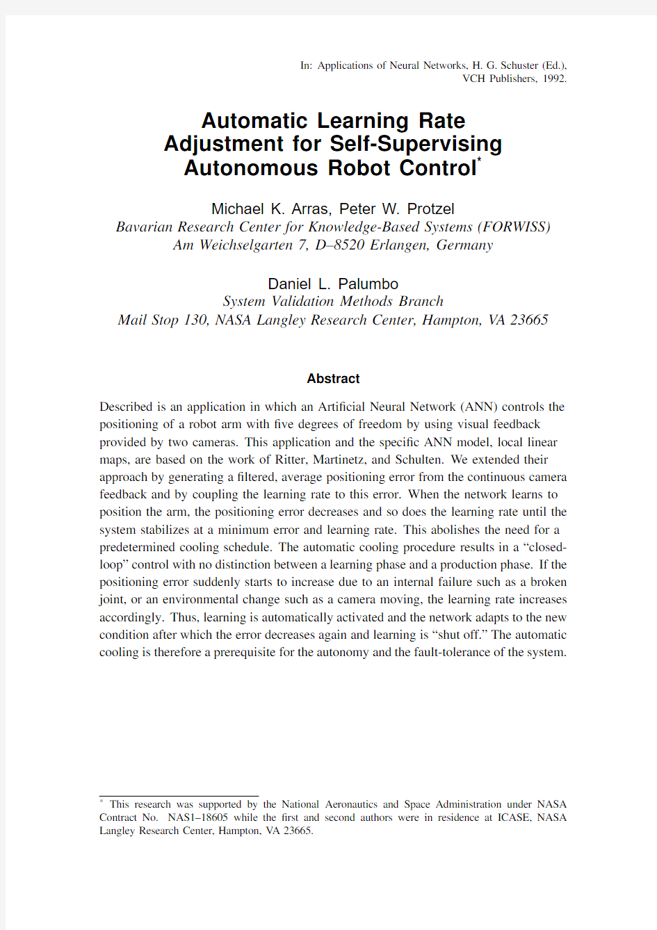 Automatic learning rate adjustment for self-supervising autonomous robot control