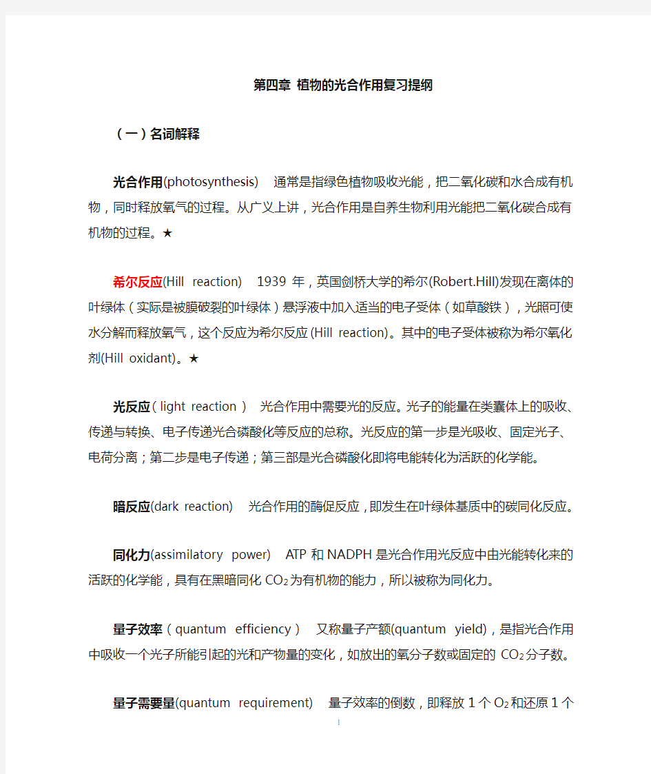 第4章 植物的光合作用复习提纲