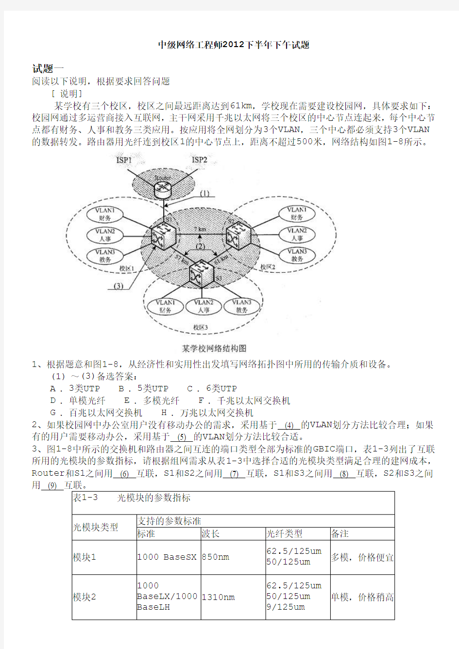 杏花亭_中级网络工程师2012下半年下午试题