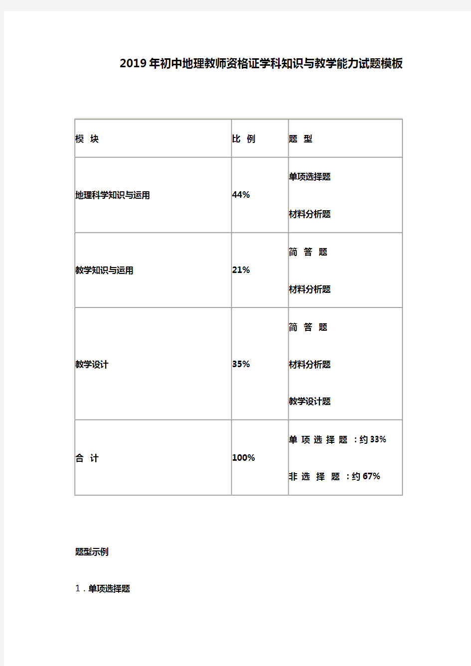 2019年初中教师资格证地理学科知识与教学能力试题模板