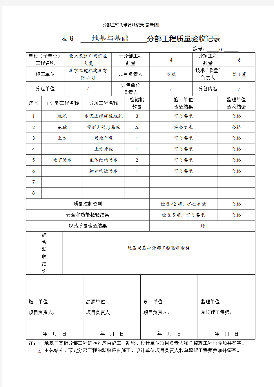 分部工程质量验收记录(最新版)