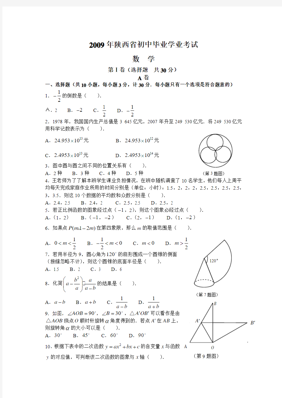 2009年陕西省中考数学试题及答案