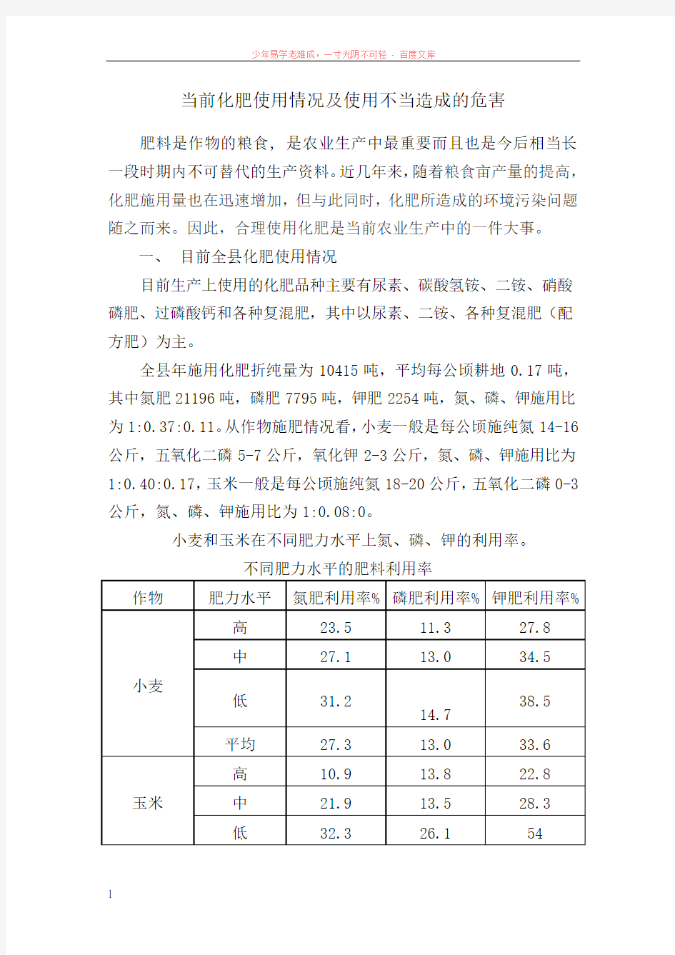 当前化肥使用情况及使用不当造成的危害