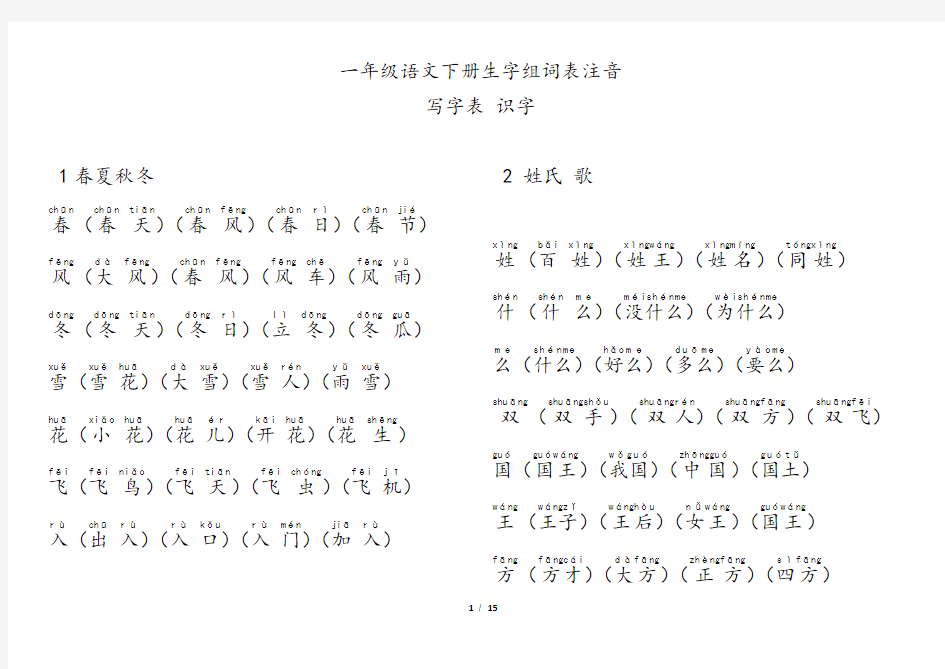 (完整word)人教版部编版一年级语文下册生字表