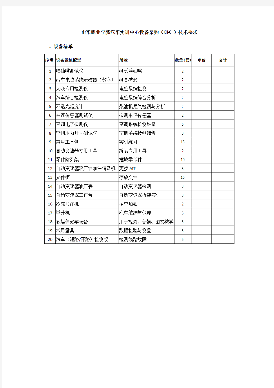 山东职业学院汽车实训中心设备采购(KH-C)技术要求