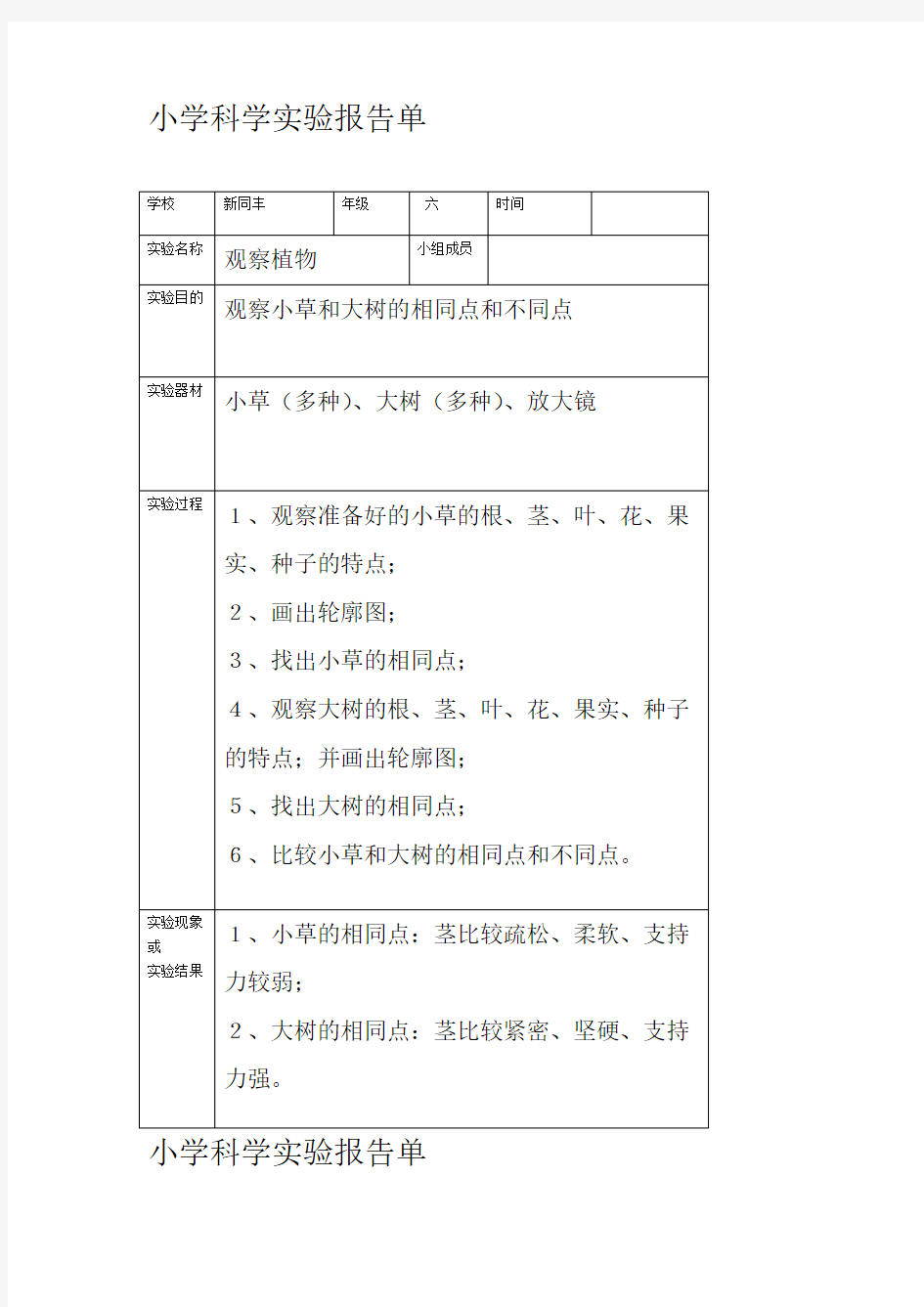 小学科学6年级实验报告单