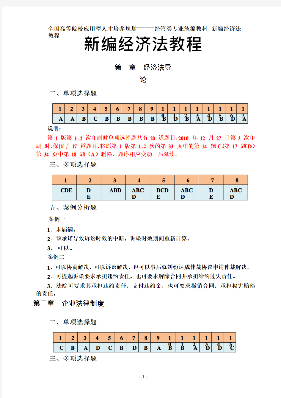 新编经济法教程-刘泽海-练习题答案