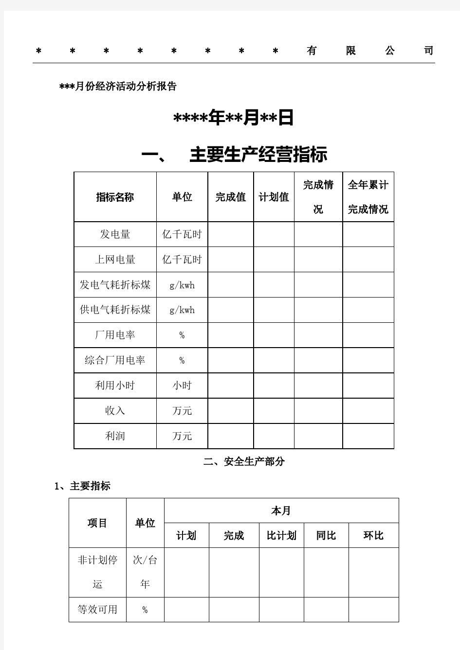 公司电厂月份经济活动分析模版