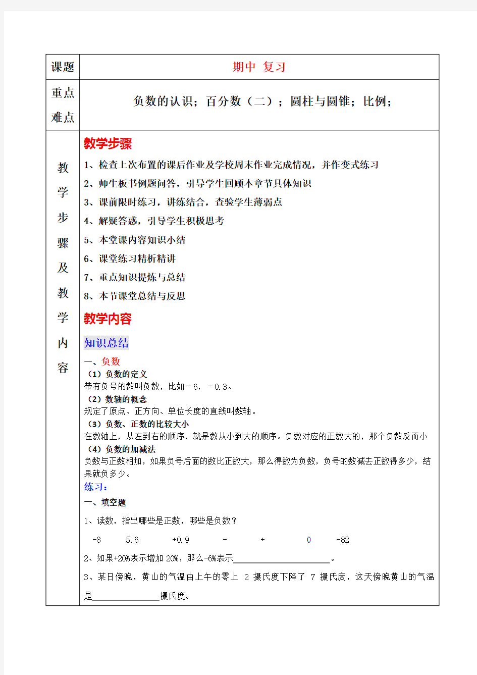 六年级下册数学期中复习知识点与习题